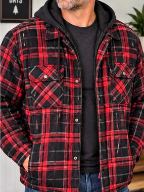 27” ptp Men's Plaid Shirt Jacket in Red & Black Like New